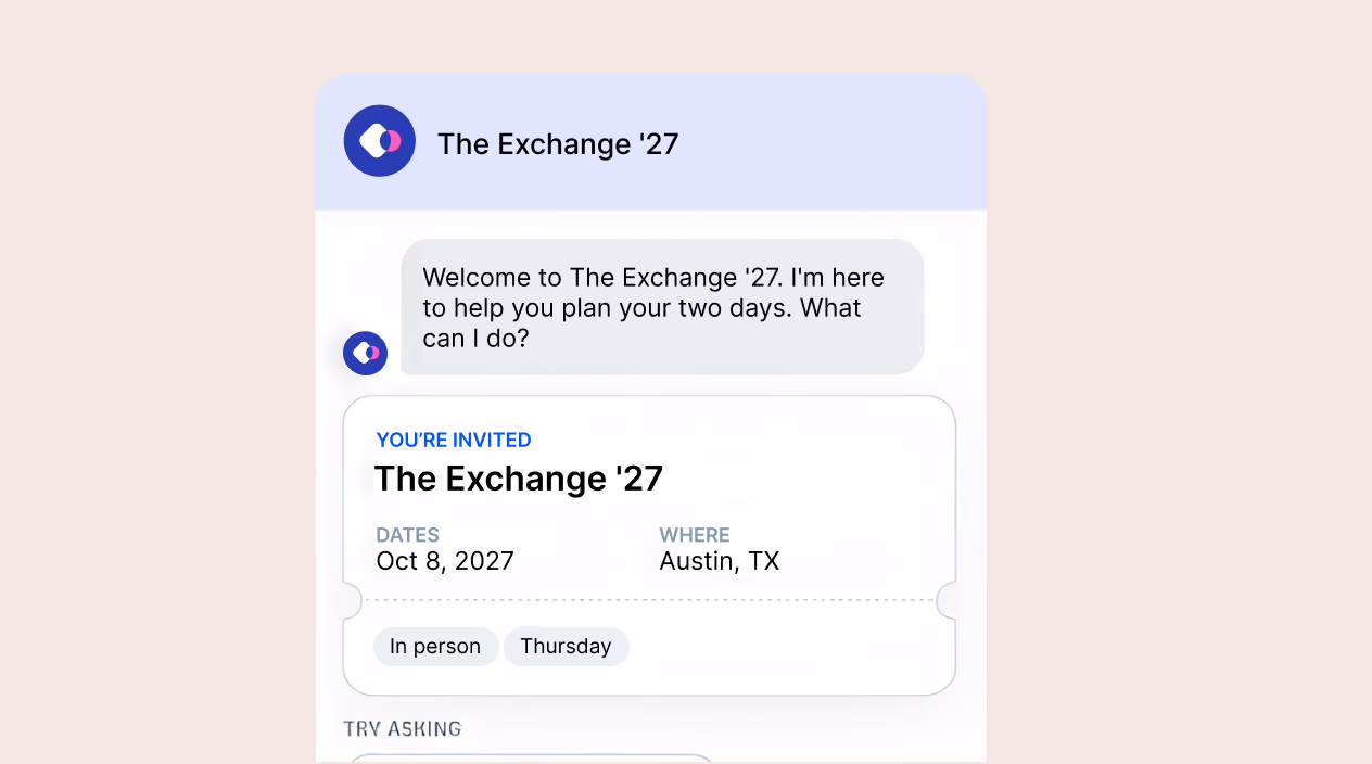 Website chatbot welcoming a visitor to The Exchange '27, with an invite card for Oct 8, 2027 in Austin, TX