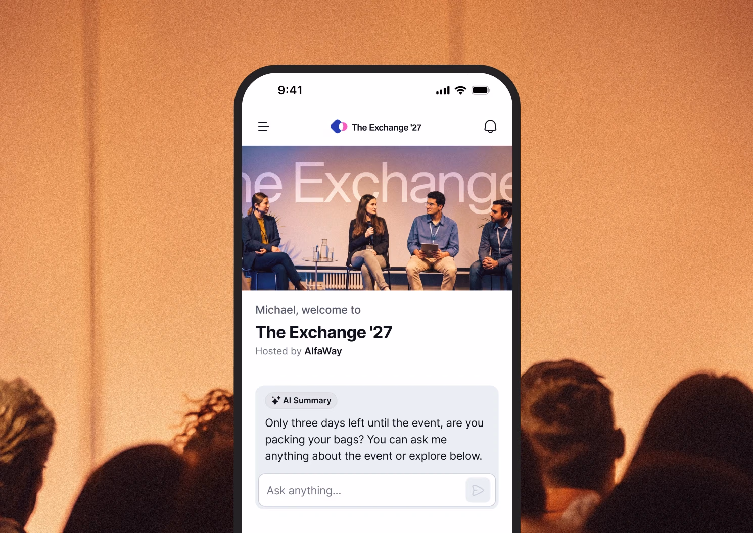 Highbar event app start page welcoming an attendee to The Exchange '27 with an AI summary and Ask anything box