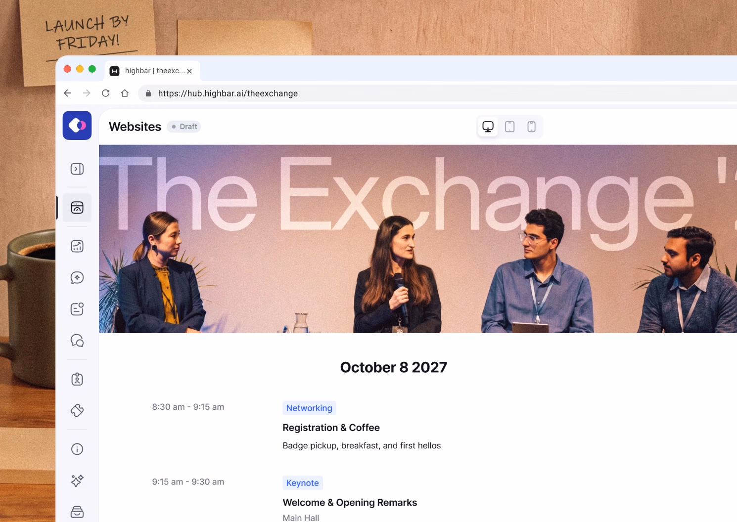 Draft event website for The Exchange in the Highbar websites editor, with a panel photo and the day's schedule